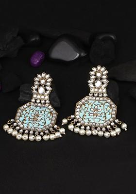 Gold Plated Gold Toned And Blue Stone Studded Drop Earrings