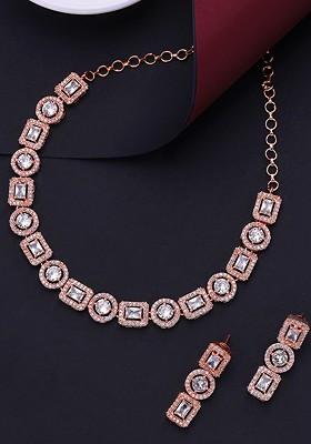 Rose Gold Plated American Diamond Studded Contemporary Jewellery Set
