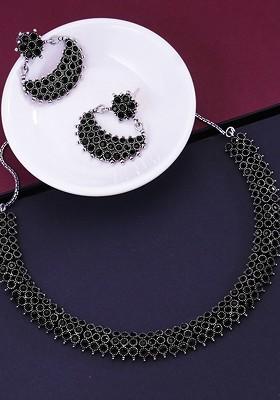 Silver  Plated Oxidised Black Stone Studded Handcrafted Jewellery Set