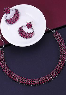 Oxidized Silver Plated And Pink Stone Studded Beaded Handcrafted Jewellery Set