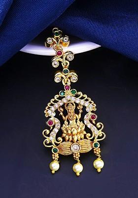 Women Gold Plated White And Red Ad Studded Handcrafted Maang Tikka