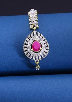 Women Gold Plated American Diamond Pink And White Studded Handcrafted Maang Tikka