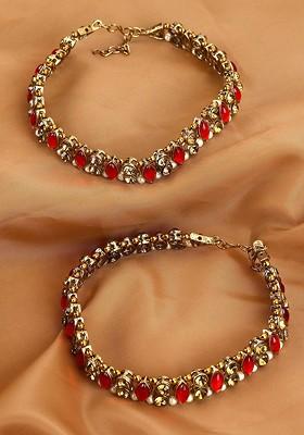 Set Of 2 Red And White Kundan Studded And Pearl Beaded Handcrafted Anklets