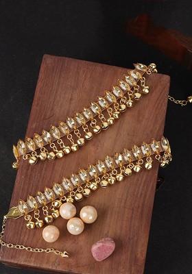 Set Of 2 Gold Plated Tan Colored Kundan Studded Handcrafted Anklets