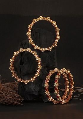 Set Of 4 24 KT Gold Plated Red And Green Stone Studded Handcrafted Bangles