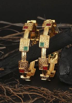 Set Of 2 24 KT Gold Plated Red And Green Stone Studded Handcrafted Bangles