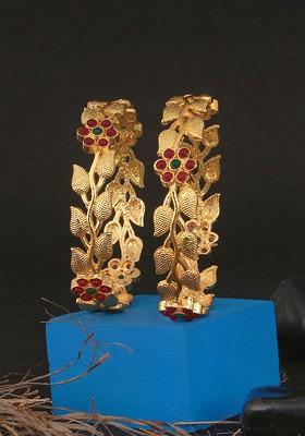 Set Of 2 Gold Plated Pink And Green Stone Studded Handcrafted Bangles