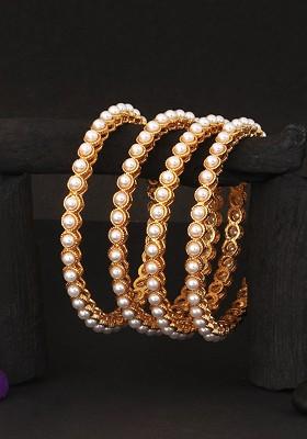 Set Of 4 24 CT Gold Plated White Bead Handcrafted Bangles