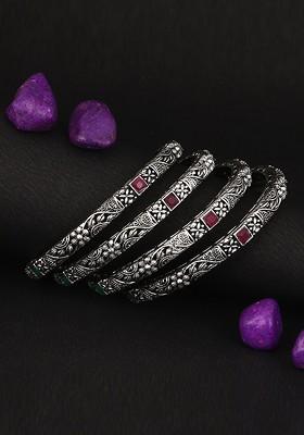 Set Of 4 Oxidised 24 CT Silver Plated Red Stone Handcrafted Bangles