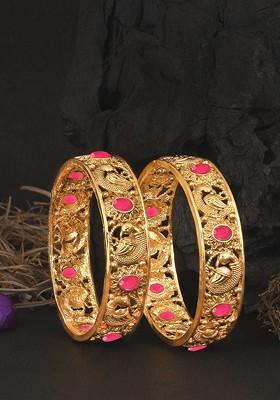 Set Of 2 24 CT Gold Plated Pink Stone Studded Handcrafted Bangles