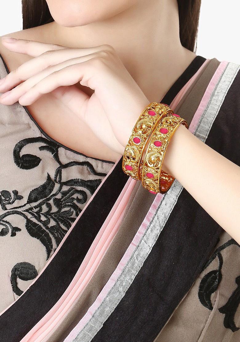 Set Of 2 24 CT Gold Plated Pink Stone Studded Handcrafted Bangles
