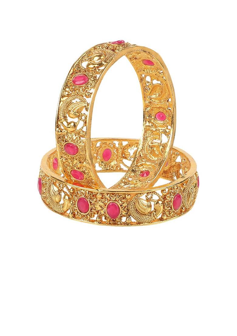 Set Of 2 24 CT Gold Plated Pink Stone Studded Handcrafted Bangles