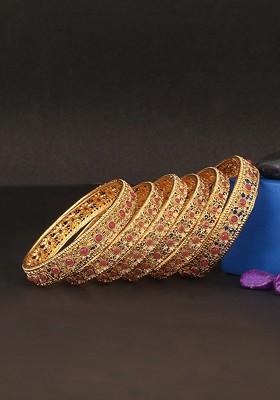 Set Of 6 24 CT Gold Plated Red Stone Studded Jadau Bangles