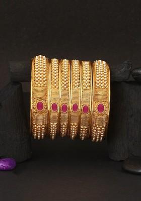 Set Of 6 24 CT Gold Plated Red Stone Studded Handcrafted Bangles