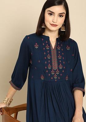 Navy Blue Ethnic Motifs Yoke Embroidered A-Line Dress