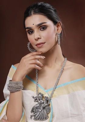 Oxidised Silver Plated Radha Krishna Temple Jewellery Set