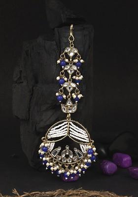 24 CT Gold Plated White And Blue Stone Studded And Bead Antique Maang Tikka