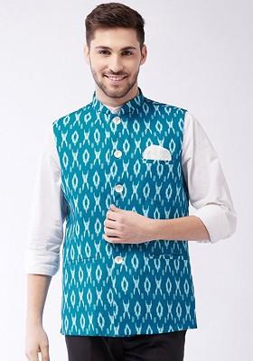 Men Turquoise Blue And White Ikkat Printed Cotton Slim Fit Woven Nehru Jacket
