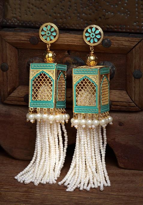 Woman Gold Toned Classic Pearl Embellished Handcrafted Jhumka Earrings