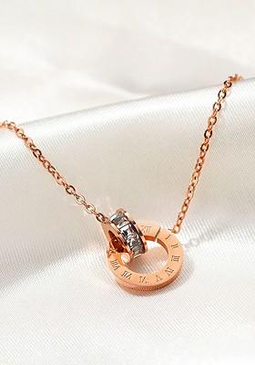 Rose Gold Plated White Cz Studded Stainless Steel Circle Pendant With Chain