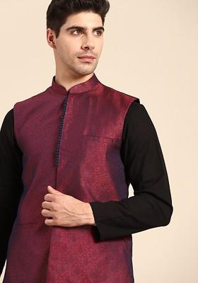 Men Maroon And Navy Blue Woven Design Jacquard Silk Nehru Jacket
