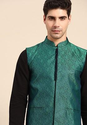 Men Green And Navy Blue Woven Design Jacquard Silk Nehru Jacket