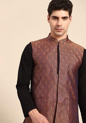 Men Copper-Toned And Navy Blue Woven Design Jacquard Silk Nehru Jacket