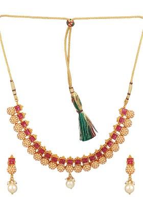 24 CT Gold Plated Red Stone Studded Antique Pearl Jewellery Set