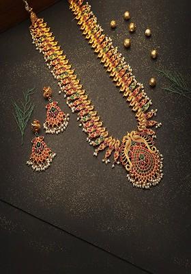 24 CT Gold Plated Stone Studded And Bead Antique Jewellery Set