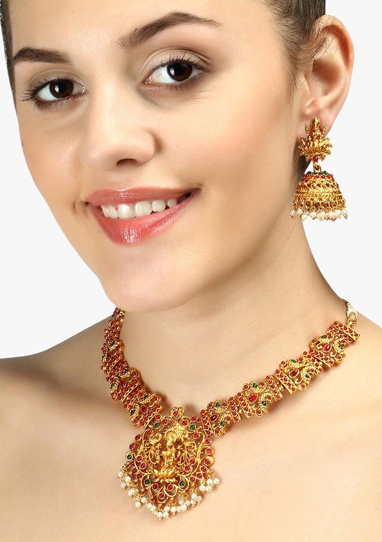 24 CT Gold Plated Pink And Green Stone Studded Bead Temple Antique Handcrafted Jewellery Set