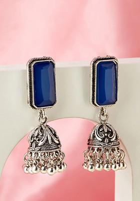 Woman Oxidised Silver-Toned Blue Stone Jhumkas Earrings