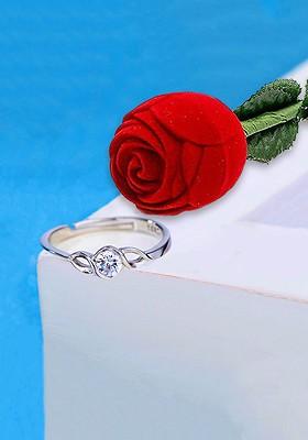 Women Silver  Toned Crystal Finger Ring With Velvet Red Rose Box