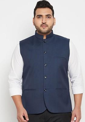 Men Plus Size Navy Blue Solid Woven Nehru Jacket