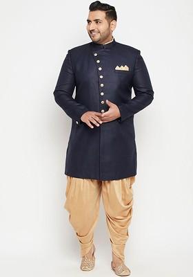 Men Navy Blue And Beige Slim Fit Plus Size Sherwani Set
