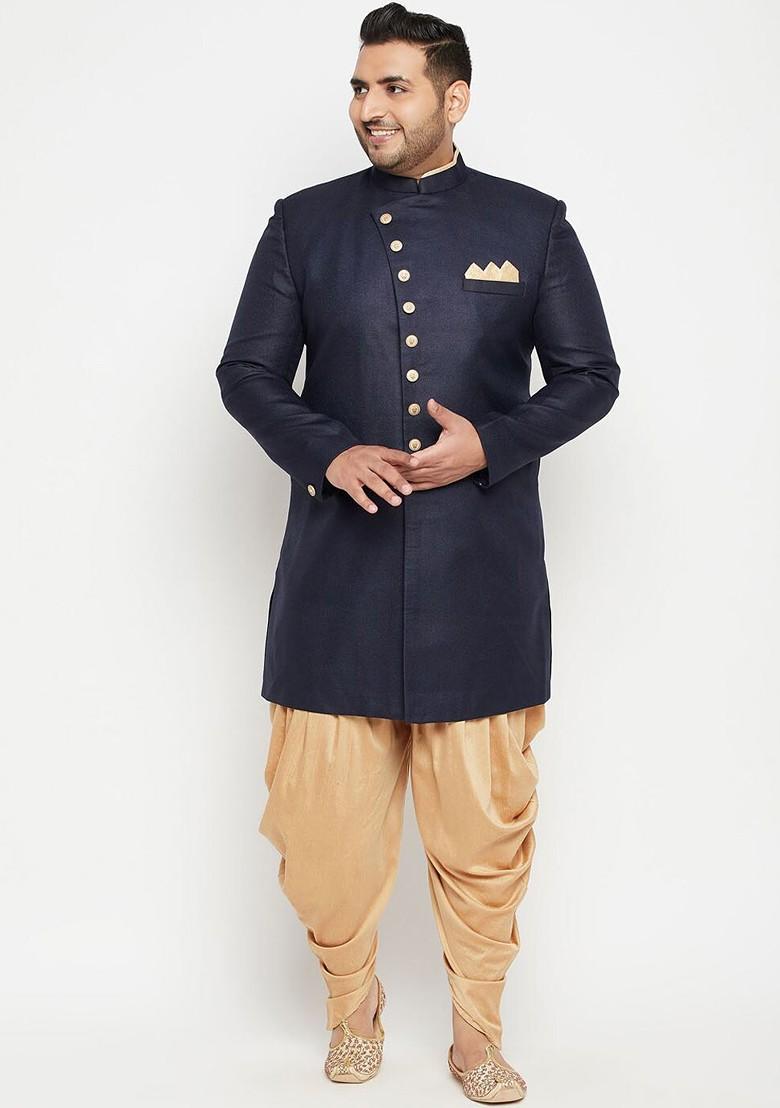 Men Navy Blue And Beige Slim Fit Plus Size Sherwani Set