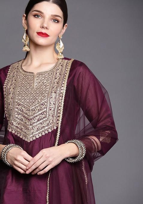 Women Purple Ethnic Motifs Yoke Design Panelled Zardozi Chanderi Cotton Kurta With Palazzos And With