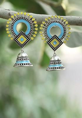 Silver Plated Silver Toned And Yellow Dome Shaped Jhumkas Earrings