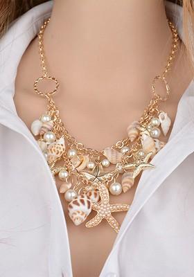 Gold Toned And White Sea Shell Starfish Pearls Hanging Choker Necklace