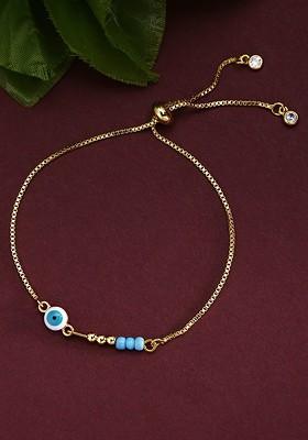 Women Gold Toned And Turquoise Blue Beaded Evil Eye Bracelet