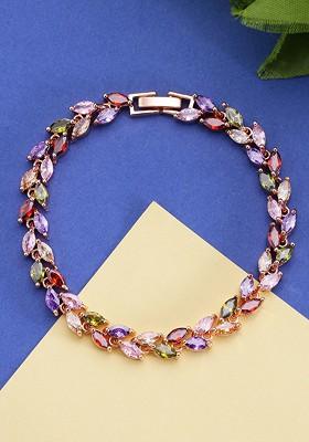 Women Rose Gold And Red Leafy Crystal Cubic Zirconia Link Bracelet