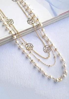 Gold Toned And White Pearls Multilayer Layered Necklace