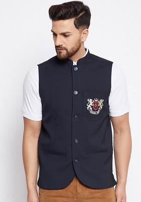 Men Navy Blue Solid Woven Nehru Jacket
