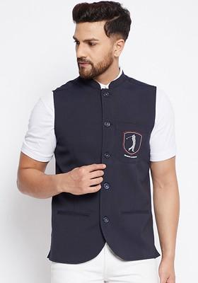 Men Navy Blue Solid Woven Nehru Jacket