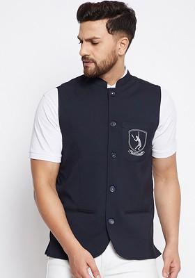 Men Navy Blue Solid Woven Nehru Jacket