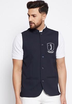 Men Navy Blue Solid Woven Nehru Jacket With Logo