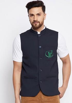 Men Navy Blue Solid Woven Nehru Jacket