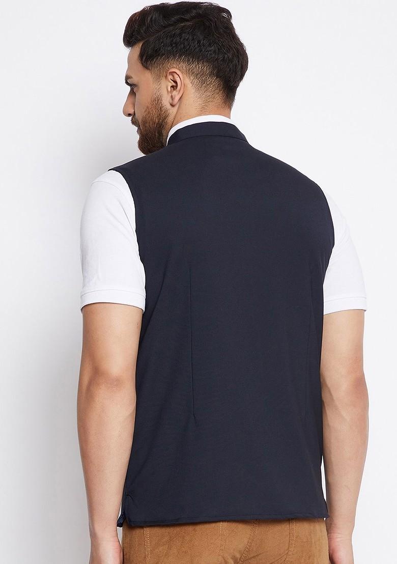 Men Navy Blue Solid Woven Nehru Jacket