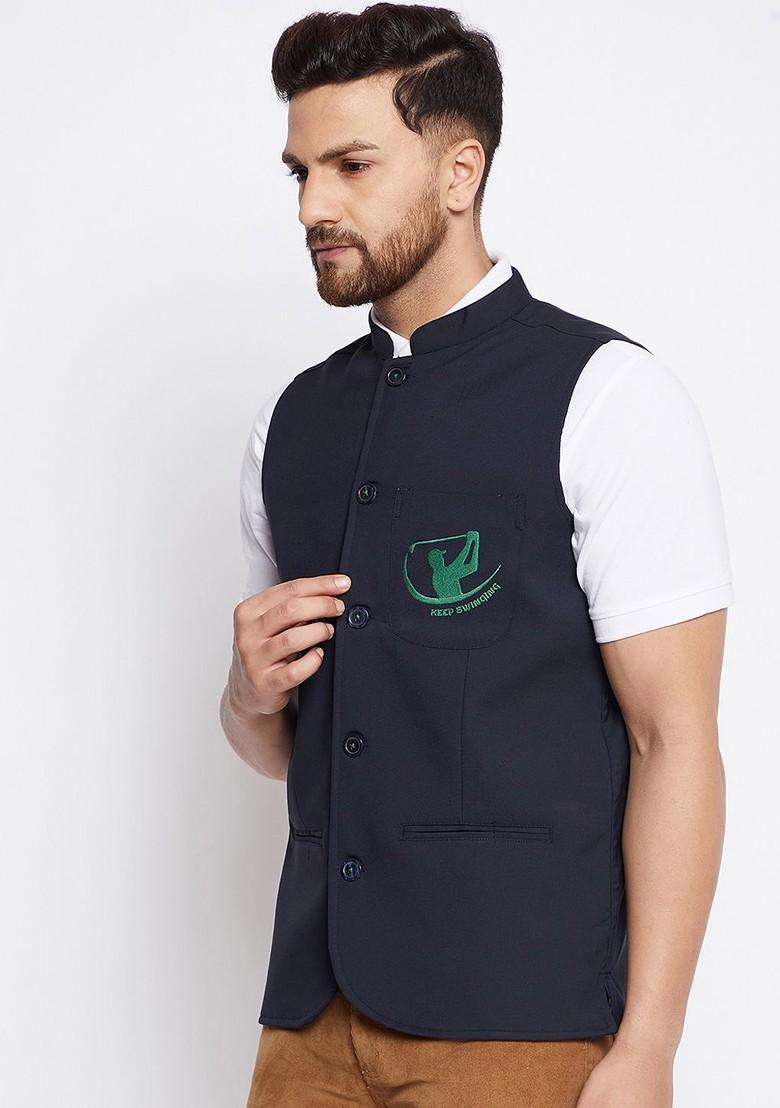 Men Navy Blue Solid Woven Nehru Jacket