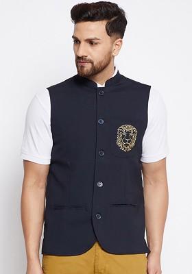 Men Navy Blue Solid Woven Nehru Jacket
