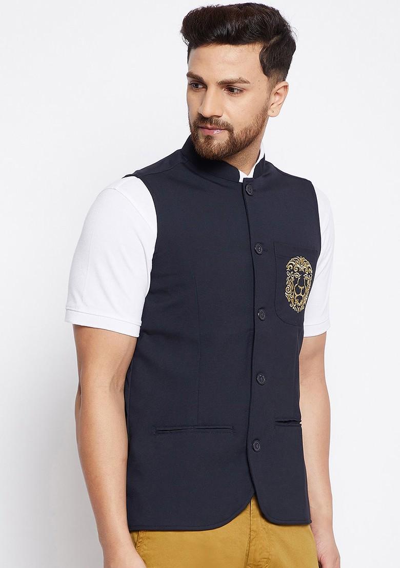 Men Navy Blue Solid Woven Nehru Jacket
